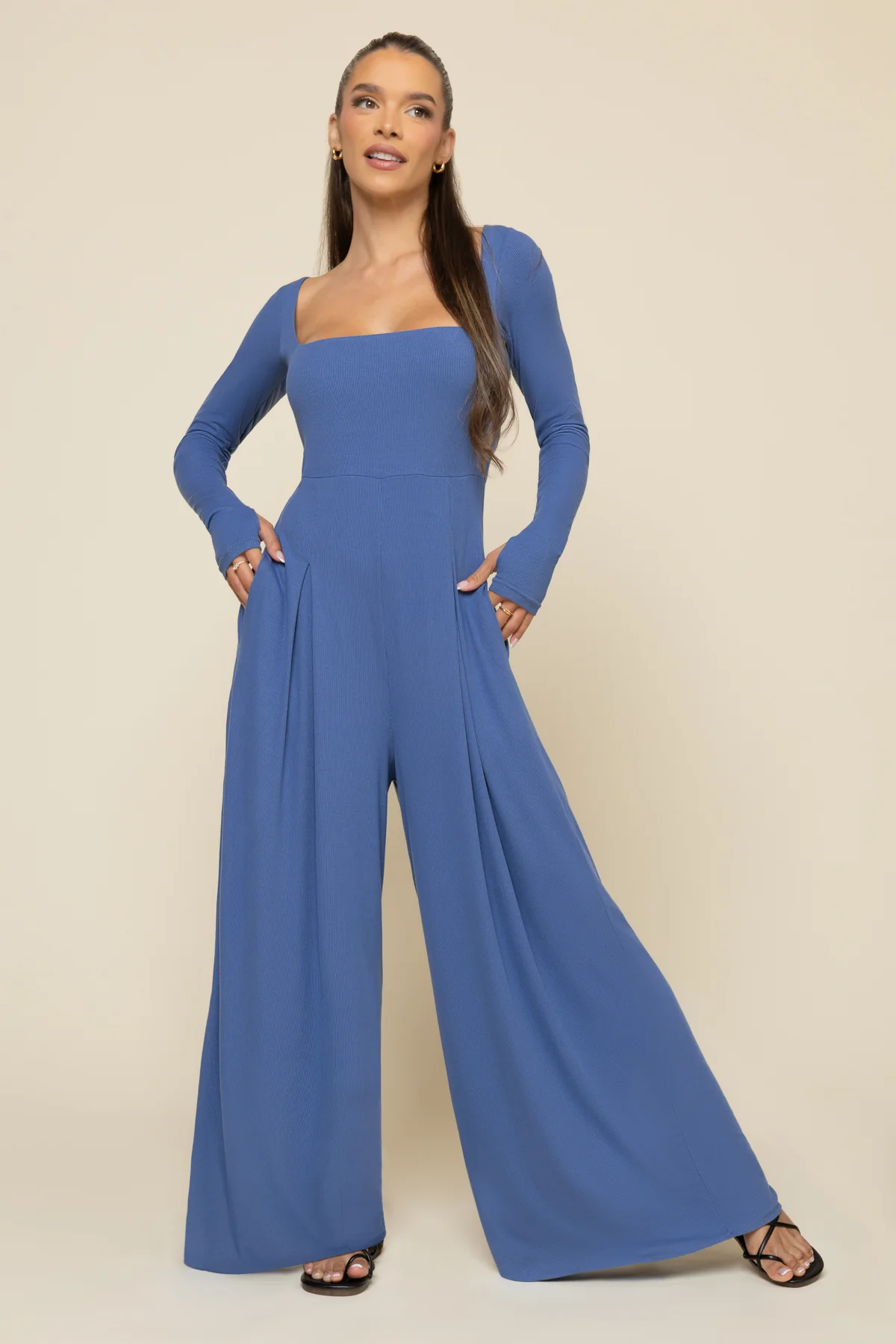Go With The Flow Long Sleeve Jumpsuit - Blue Horizon